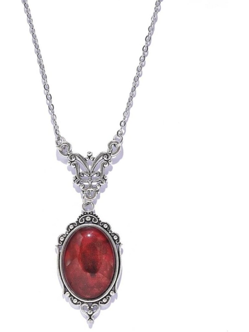 Women's Red Vintage Oval Stardust Crystal Cameo Pendant Vampire Bat Necklaces